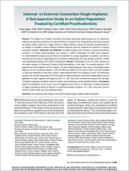 INTERNAL - VS EXTERNAL-CONNECTION SINGLE IMPLANTS: A RETROSPECTIVE STUDY IN AN ITALIAN POPULATION TREATED BY CERTIFIED PROSTHODONTISTS